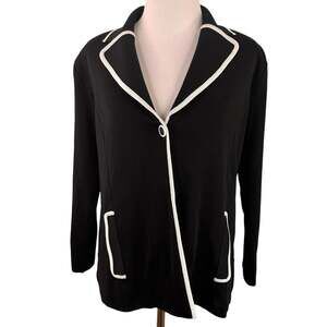 Misook Black & White Trim Acrylic One Button Cardigan Size Small Petite